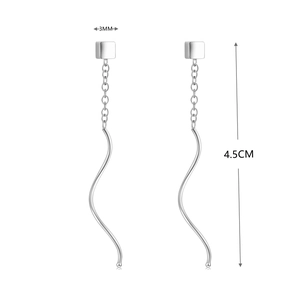 Detailed size view of silver S-curve wave drop earrings with 4.5CM length and 3MM square top