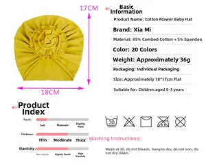 Détail du turban en coton jaune pour bébé avec spécifications du tissu et fleur