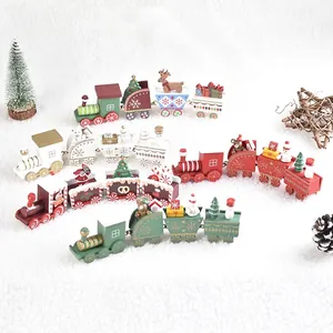 Miniature Wooden Christmas Train Ornaments Four Section Festive Desktop Decoration DIY Hand Painted For Holiday Home