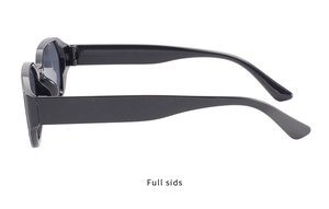 Side view of square black sunglasses showing the glossy frame and sleek temple design