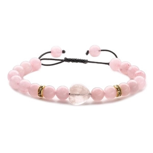 Pink crystal beaded bracelet with heart stone and adjustable black braided cord