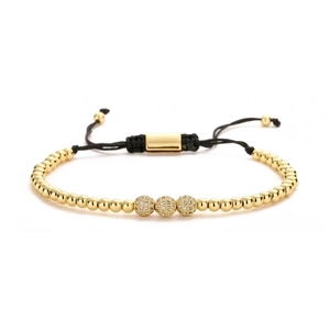 Braided black cord bracelet with three gold pavé zircon beads and adjustable clasp