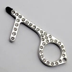 Silver non-contact door opener keychain with rhinestones and stylus touch tip