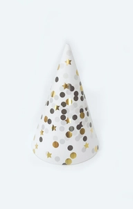 Detail of white paper party hat with golden foil stars and gray polka dots design