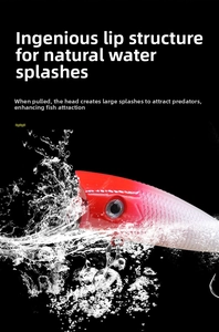 Macro shot of a red and white popper lure splashing in water with realistic scale texture