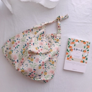 Women Floral Cotton Tote Bag Soft Lightweight Shoulder Bag With Knot Strap Chic Japanese Style Shopping Handbag