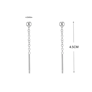 Detailed view of S925 silver threader earrings showing 3mm ball and 4.5cm total length