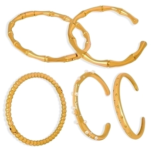 5-piece set of gold titanium steel bracelets with star charms and bamboo textures