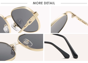 Detailed views of the gold metal frames, precision hinges, and silicone nose pads of these sunglasses