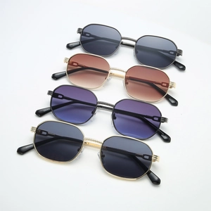 Retro small square metal sunglasses in black, gold, and purple gradient color options