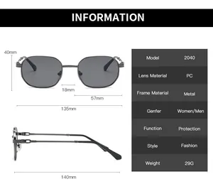 Detailed sizing chart and specifications for vintage square metal frame sunglasses