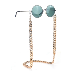 Retro round sunglasses with chunky gold metal chain and dark green lenses