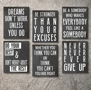 Set of 6 modern blackboard style motivational posters with inspirational quotes for decor