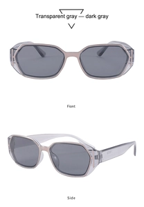 Detail view of transparent gray square sunglasses 1339 with dark gray lenses