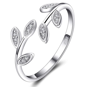 925 Sterling Silver Olive Branch Leaf Open Adjustable Ring Zircon Inlaid Elegant Nature Style Jewelry For Women