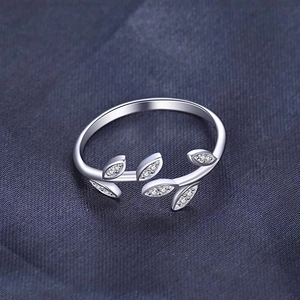 S925 sterling silver olive branch open ring with sparkling leaf-shaped zircon stones