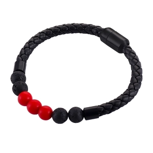 Braided leather bracelet for men with black volcanic stones and red beads magnetic clasp