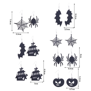 Halloween acrylic earrings set featuring black spider web, bat and ghost house designs