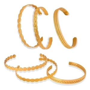 5-piece set of gold plated geometric textured open bracelets in minimalist French style