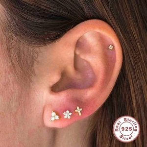 S925 sterling silver cross stud earring set with zircons in minimalist gold plating