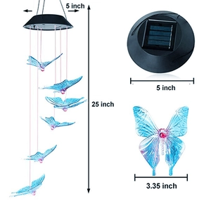 Solar powered wind chime with six blue butterflies and clear size specifications