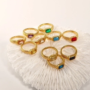 French style 18k gold plated titanium rings featuring colorful rectangular zircon stones