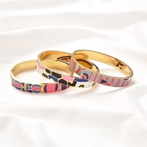 Stainless Steel Enamel Bangle Bracelet Geometric Colorful Pattern Hinge Clasp Modern Art Jewelry For Women