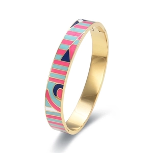 Golden stainless steel enamel bracelet with colorful geometric patterns and side hinge