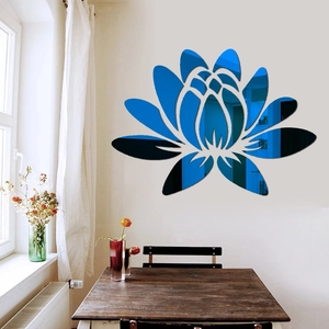Blue mirror 3D lotus wall sticker decor on beige wall above a wooden table