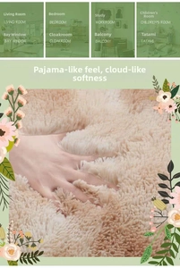 Close-up of fluffy tie-dye plush rug texture showing thick beige fur for home decor