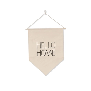 Minimalist beige canvas wall banner with Hello Home print and wooden hanging rod