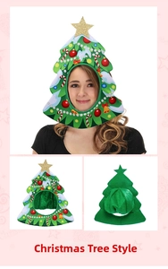 Christmas tree costume headwear with gold star and festive ornaments detail view