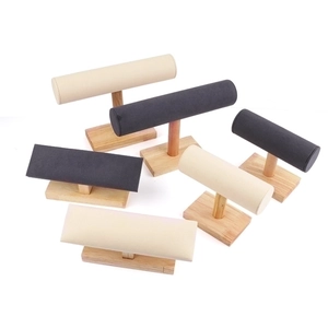 T-Bar Jewelry Display Stand Solid Wood Bracelet Watch Organizer Velvet Leather Storage Rack Desktop Holder Accessory