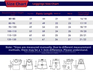 Detailed size chart for girls leggings showing measurements for ages 2T to 7T in cm