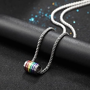 Rainbow cylinder pendant necklace in stainless steel with a silver woven chain