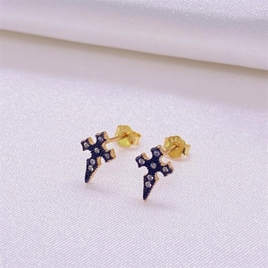 S925 sterling silver gold-plated cross stud earrings with blue enamel and white zircons
