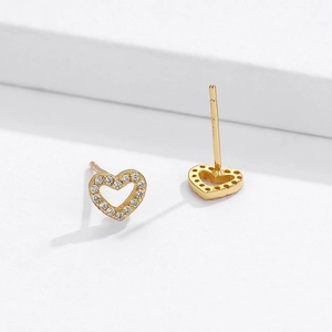 Elegant gold S925 silver hollow heart stud earrings with sparkling pavé zircons