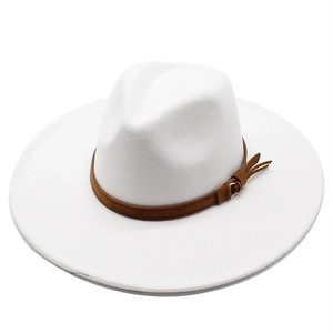 White wide brim wool fedora hat with brown decorative band for men and women