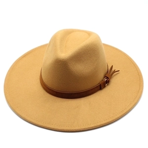 Classic wide brim camel wool fedora hat with a stylish brown leather decorative band