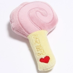 Lollipop-shaped plush dog toy in pink and yellow with a red heart and baby dog embroidery