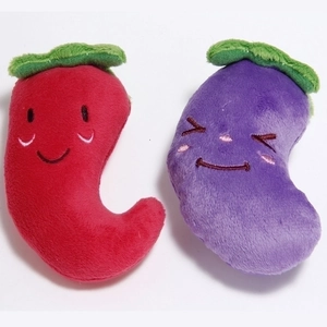 Plush pet dog toys set featuring chili pepper and eggplant shapes with soft fabric texture
