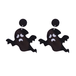 Halloween black ghost acrylic earrings for women with festive horror design on white backdrop