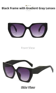 Vue avant et latérale de lunettes de soleil noires irrégulières à verres dégradés violets