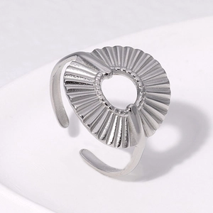 Minimalist silver pleated geometric open ring in stainless steel with a modern design