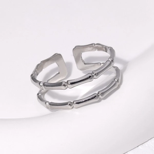 Anello aperto a doppio strato in acciaio inossidabile argento con design a bambù