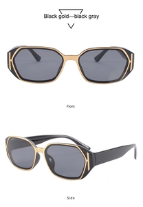Detailed front and side views of black and gold square sunglasses with dark grey lenses