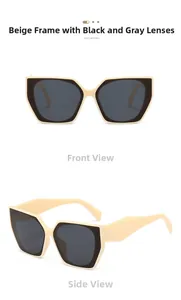 Détail des lunettes de soleil beige à monture irrégulière avec verres gris foncé et branches