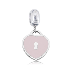 Pink enamel heart charm pendant with keyhole pattern in polished stainless steel