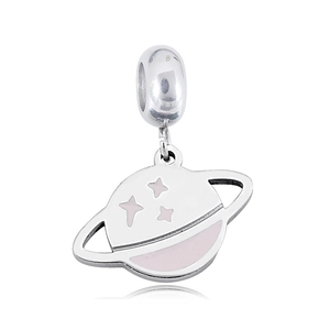 Polished silver planet charm with pink enamel inlay and stars for DIY bracelets