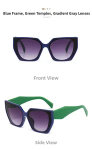 Détails de lunettes de soleil œil de chat bleues avec branches vertes et verres dégradés